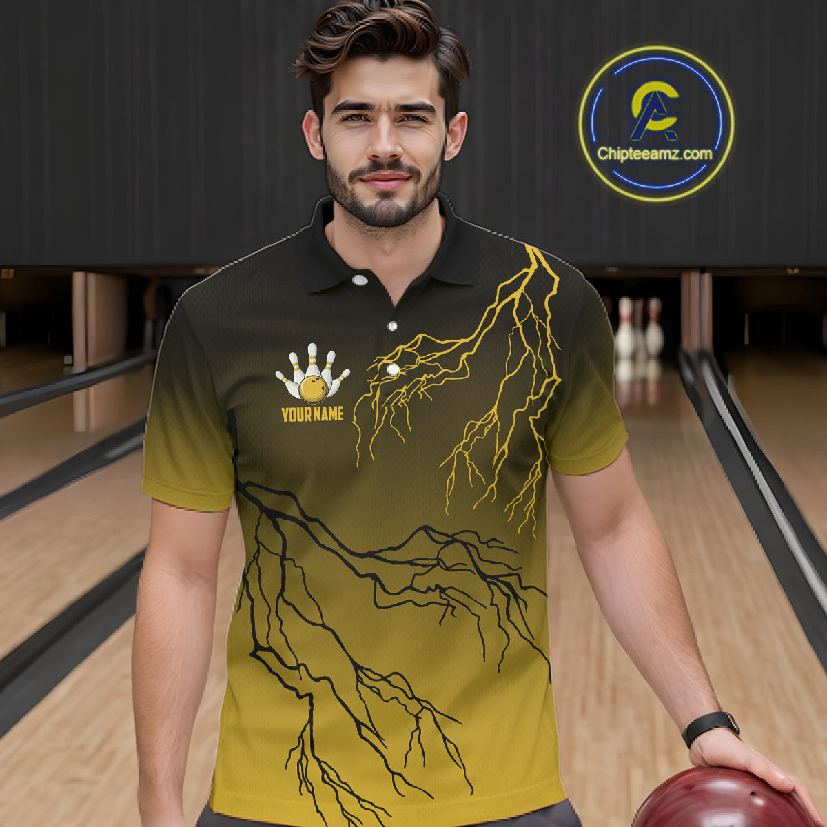 Black and Yellow gradient storm Lightning thunder Bowling shirts for Men Custom Bowling Team Jerseys NQS11172