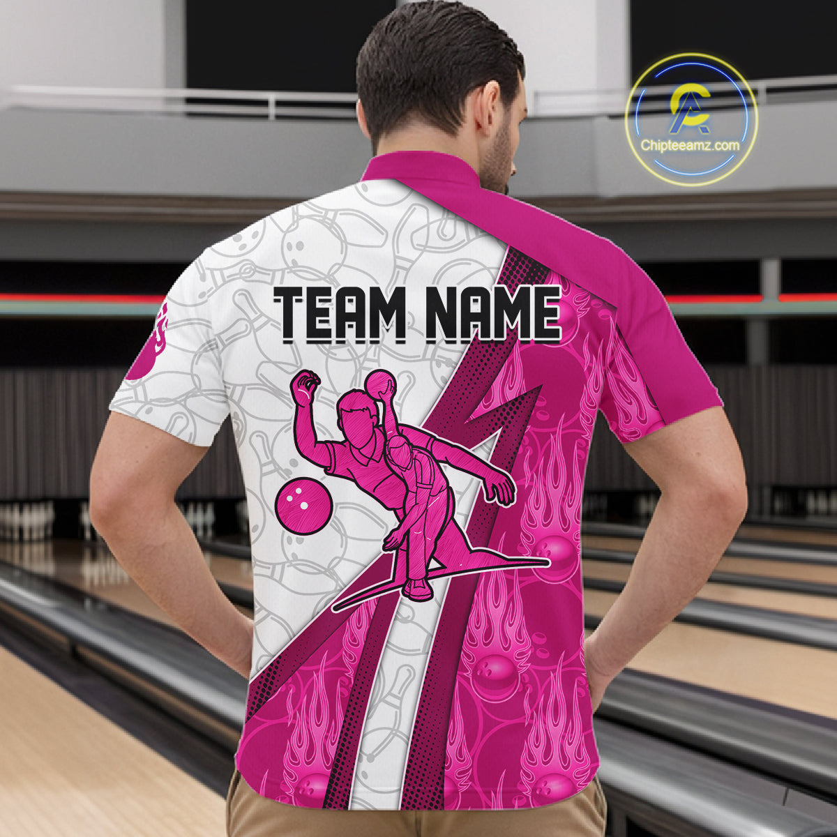 Custom Bowling Polo, Quarter Zip Shirt For Men Pink flame camo Bowling shirts, Bowling Team jerseys NQS11585