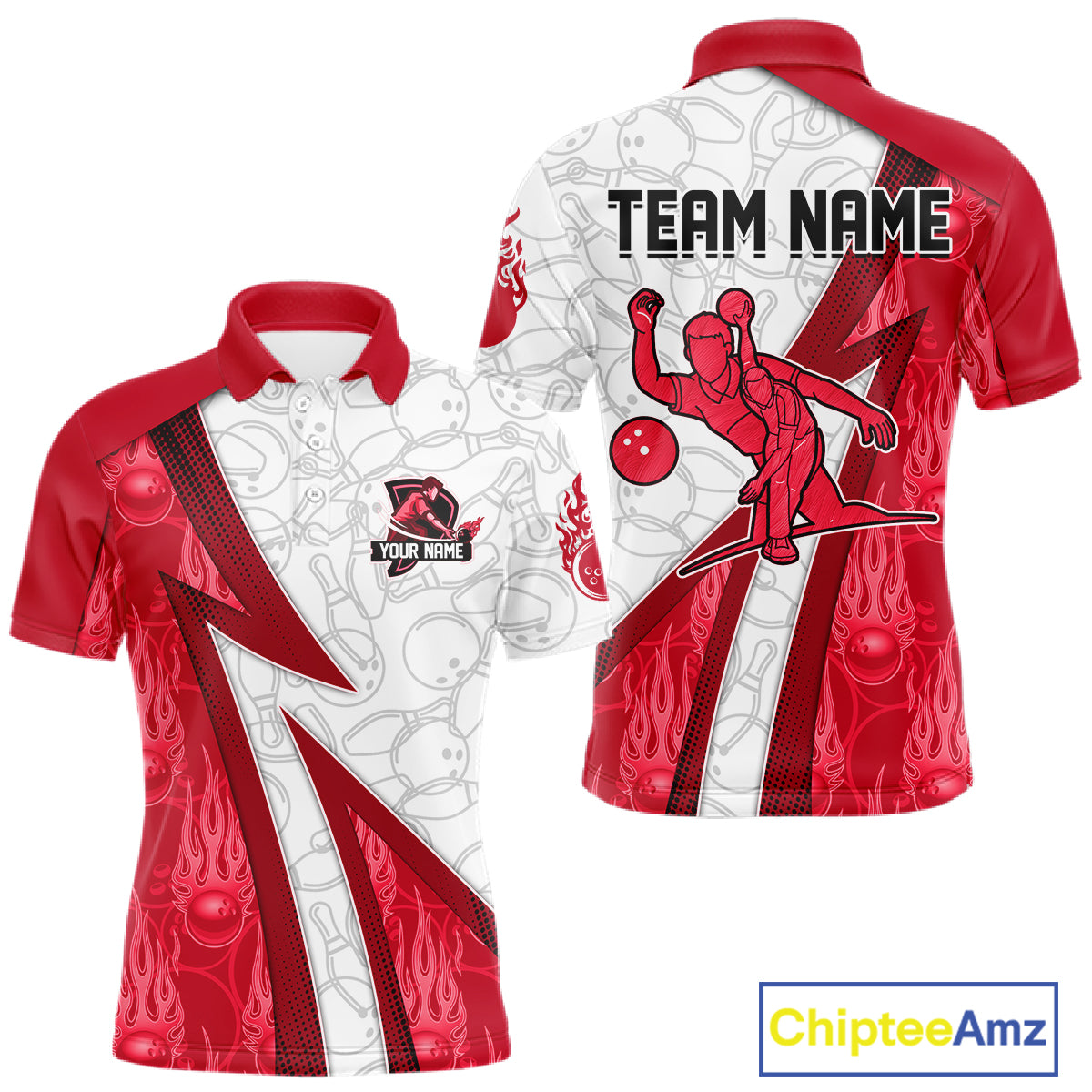 Custom Bowling Polo, Quarter Zip Shirt For Men Red flame camo Bowling shirts, Bowling Team jerseys NQS11586