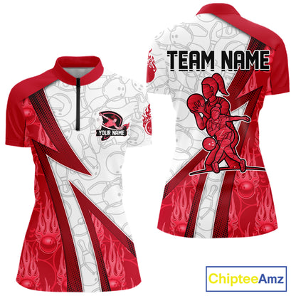 Custom Bowling Polo, Quarter Zip Shirt For Women Red flame camo Bowling shirts, Bowling Team jerseys NQS11586