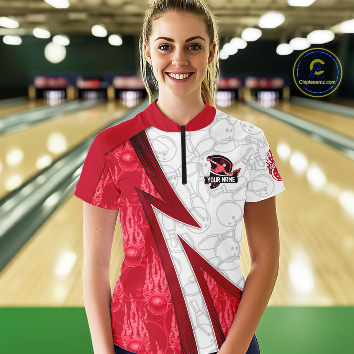 Custom Bowling Polo, Quarter Zip Shirt For Women Red flame camo Bowling shirts, Bowling Team jerseys NQS11586