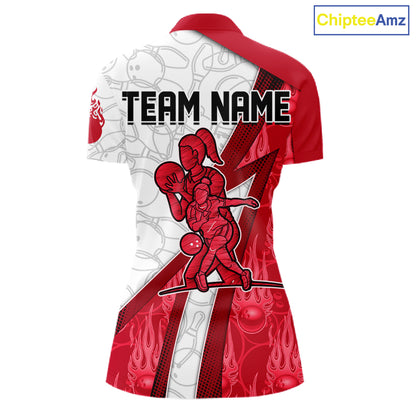 Custom Bowling Polo, Quarter Zip Shirt For Women Red flame camo Bowling shirts, Bowling Team jerseys NQS11586