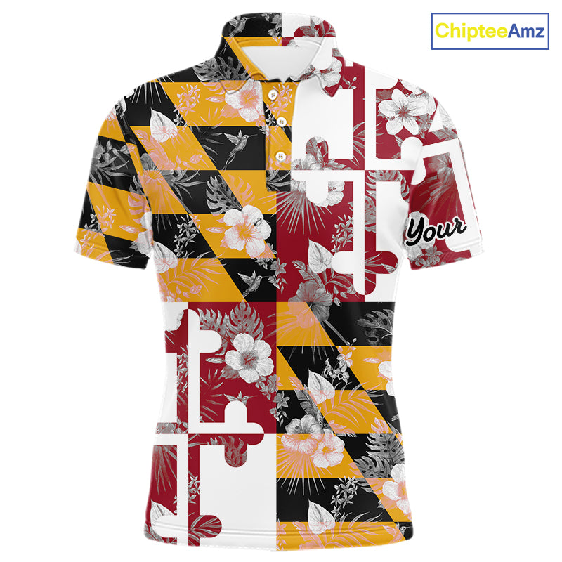Maryland Flag tropical flower pattern Mens Golf polo shirts Custom mens patriotic golf shirts NQS10064
