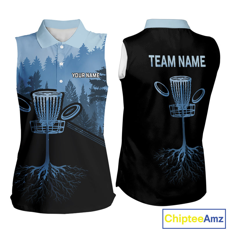 Black and Blue forest camo Womens sleeveless Disc golf polo shirts Custom team ladies disc golf wear NQS10065