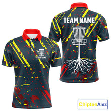 Load image into Gallery viewer, Blue, yellow and red background Mens Disc golf polo shirts Custom name disc golf clothing for team NQS10067