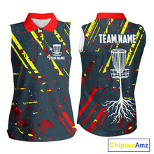 Load image into Gallery viewer, Blue, yellow and red background Womens sleeveless Disc golf polo shirt Custom name disc golf clothing NQS10067