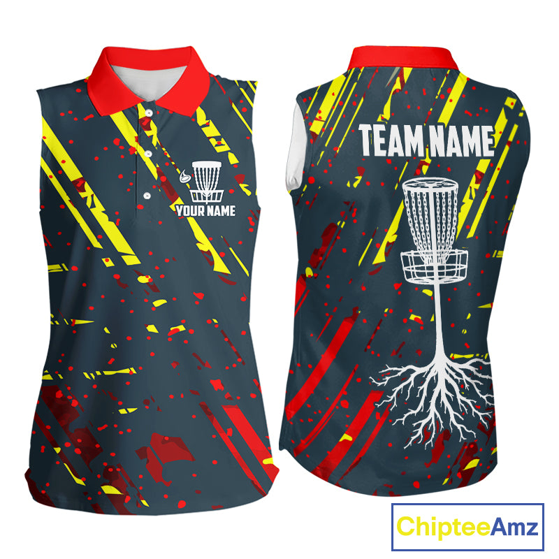 Blue, yellow and red background Womens sleeveless Disc golf polo shirt Custom name disc golf clothing NQS10067