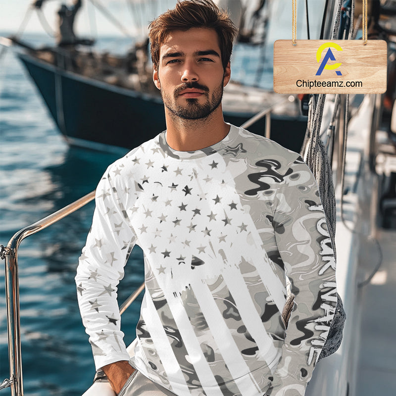 American flag Light gray camo fishing personalized patriotic UV Protection camouflage Fishing jersey NQS10367