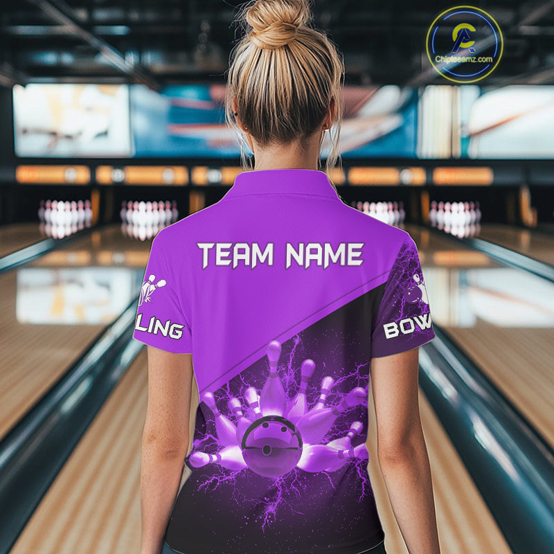 Women bowling polo, 1/4 zip shirts Custom purple lightning thunder Bowling Team Jersey Bowlers Gift NQS10591