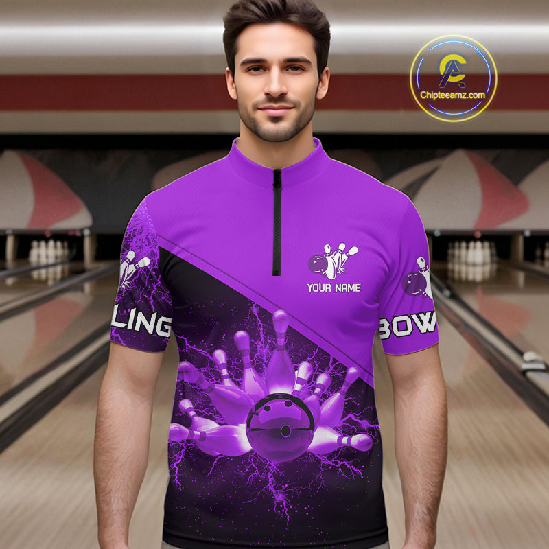 Men bowling polo, quarter zip shirts Custom purple lightning thunder Bowling Team Jersey Bowlers Gift NQS10591