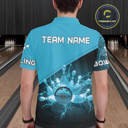 Men bowling polo, 1/4 zip shirts Custom light blue lightning thunder Bowling Team Jersey Bowlers Gift NQS10592