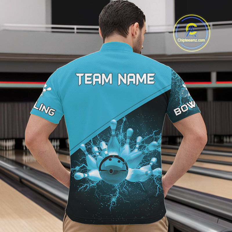 Men bowling polo, 1/4 zip shirts Custom light blue lightning thunder Bowling Team Jersey Bowlers Gift NQS10592