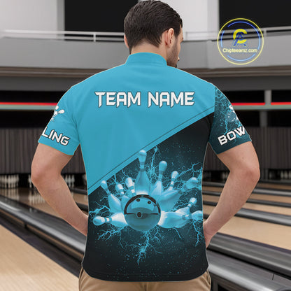 Men bowling polo, 1/4 zip shirts Custom light blue lightning thunder Bowling Team Jersey Bowlers Gift NQS10592