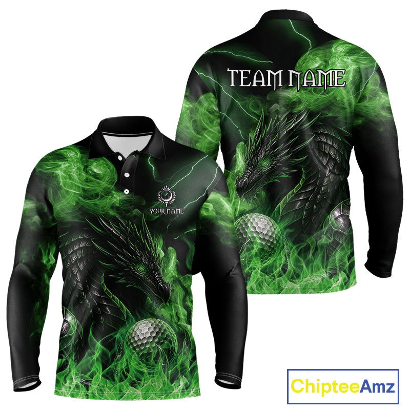 Green Flame Dragon Golf polo shirts For Men Custom Dragon team mens golf outfits, gift for golf lover NQS10791