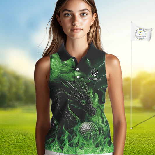 Green Flame Dragon Sleeveless Golf polo shirt Custom Dragon team golf outfit, gift for golf lover NQS10791