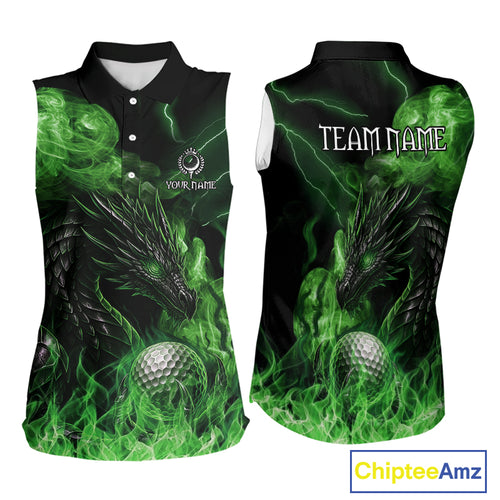 Green Flame Dragon Sleeveless Golf polo shirt Custom Dragon team golf outfit, gift for golf lover NQS10791