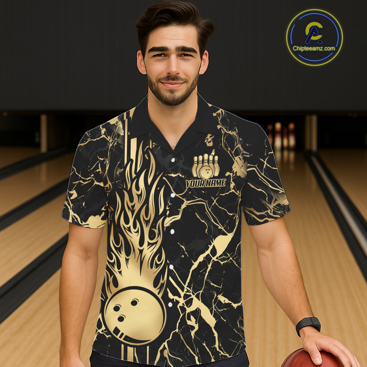Black and Gold Camo Flame Bowling Hawaiian Shirts Custom Team Bowling Button up shirt NQS11183