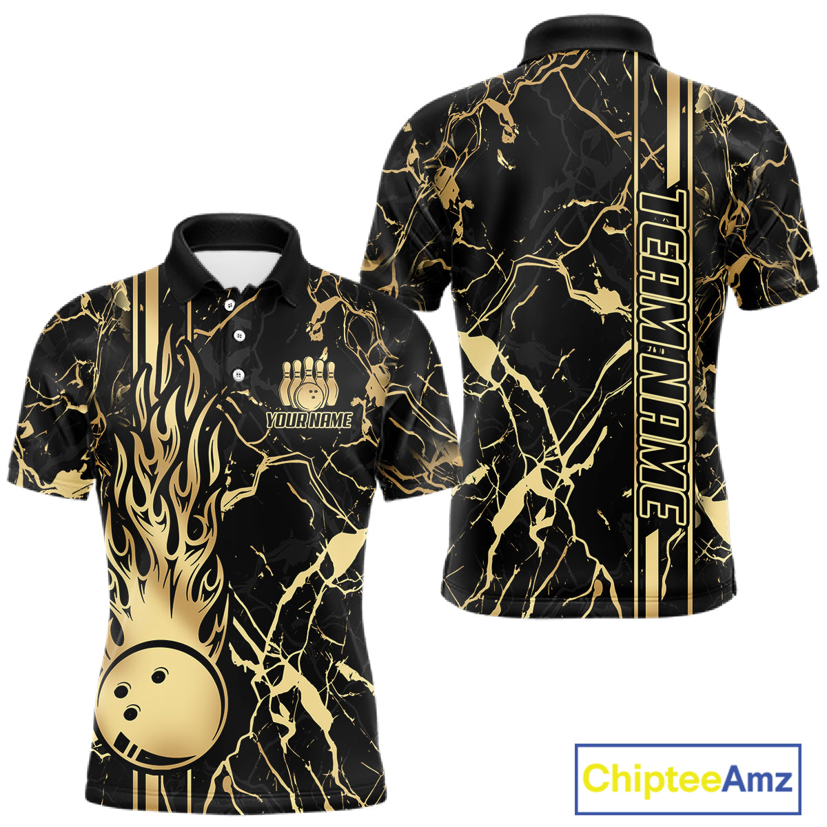 Black and Gold Camo Flame Bowling Polo, Quarter Zip Shirts For Men Custom Team Bowling Jerseys NQS11183