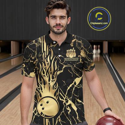 Black and Gold Camo Flame Bowling Polo, Quarter Zip Shirts For Men Custom Team Bowling Jerseys NQS11183