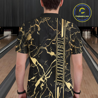 Black and Gold Camo Flame Bowling Polo, Quarter Zip Shirts For Men Custom Team Bowling Jerseys NQS11183