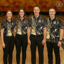Load image into Gallery viewer, Black and Gold Camo Flame Bowling Polo, Quarter Zip Shirts For Women Custom Team Bowling Jerseys NQS11183
