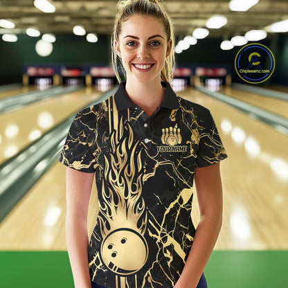 Black and Gold Camo Flame Bowling Polo, Quarter Zip Shirts For Women Custom Team Bowling Jerseys NQS11183