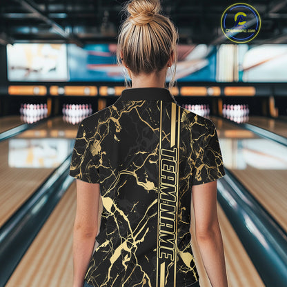 Black and Gold Camo Flame Bowling Polo, Quarter Zip Shirts For Women Custom Team Bowling Jerseys NQS11183