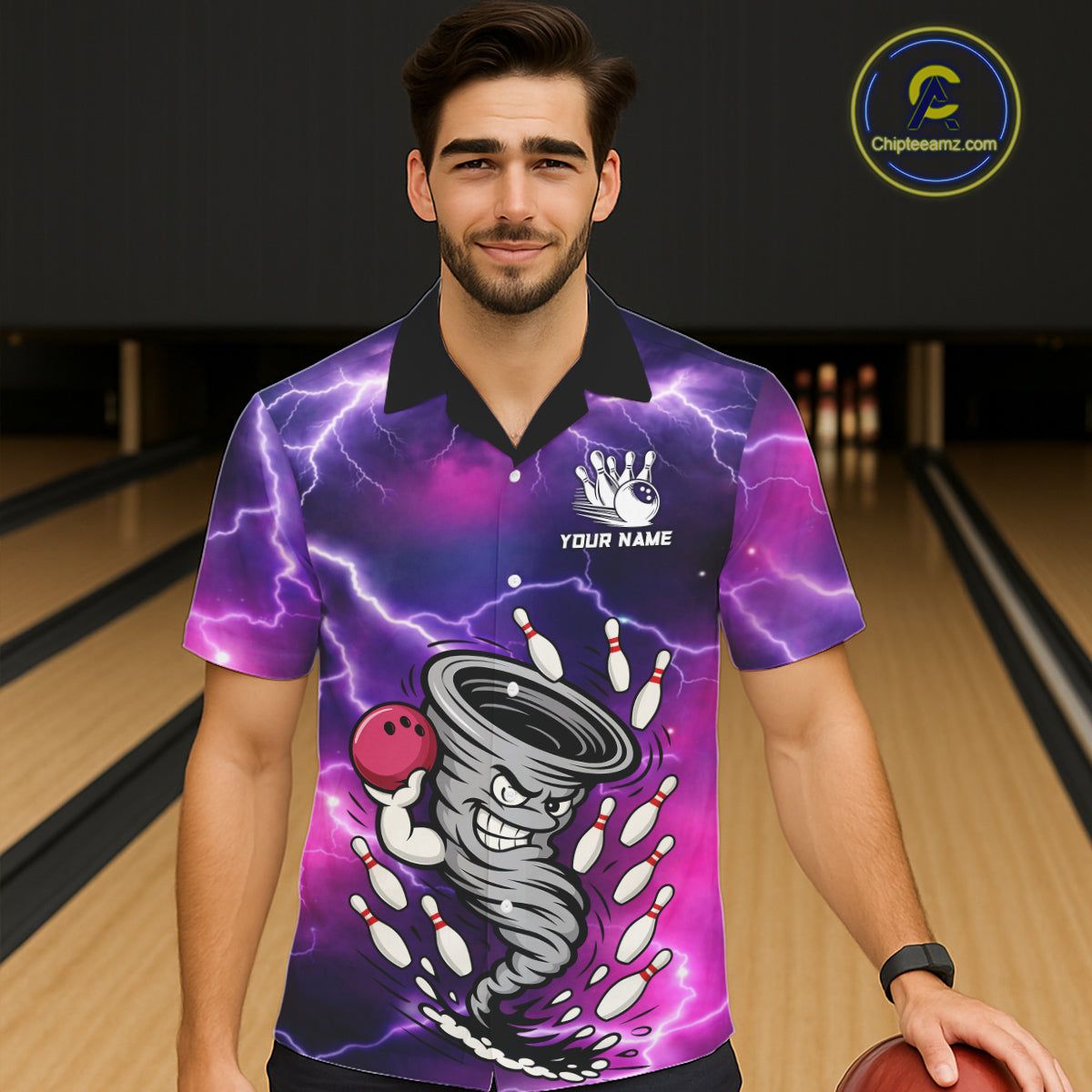 Custom Purple Bowling Jersey Lightning Thunder Funny Tornado Hawaiian Bowling Shirt, bowling uniforms NQS11594