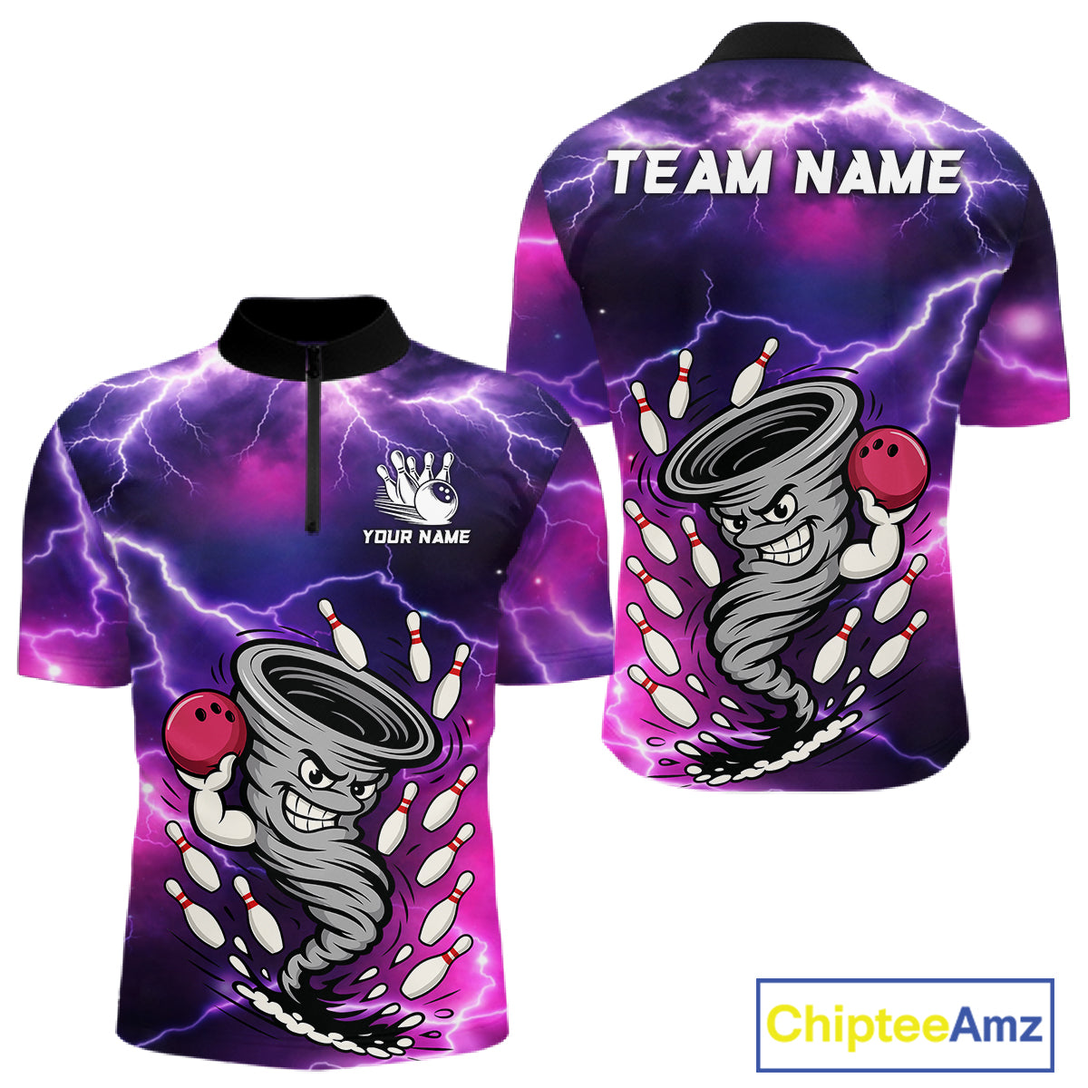 Custom Purple Bowling Jersey Lightning Thunder Funny tornado Bowling Shirts for Men, bowling uniforms NQS11594
