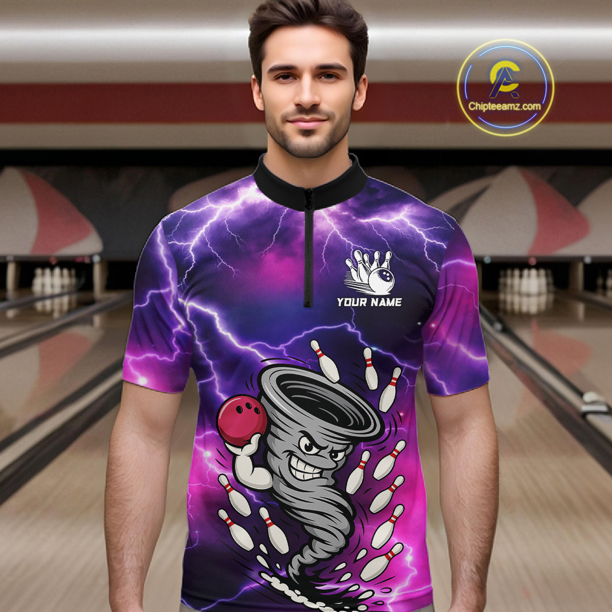 Custom Purple Bowling Jersey Lightning Thunder Funny tornado Bowling Shirts for Men, bowling uniforms NQS11594