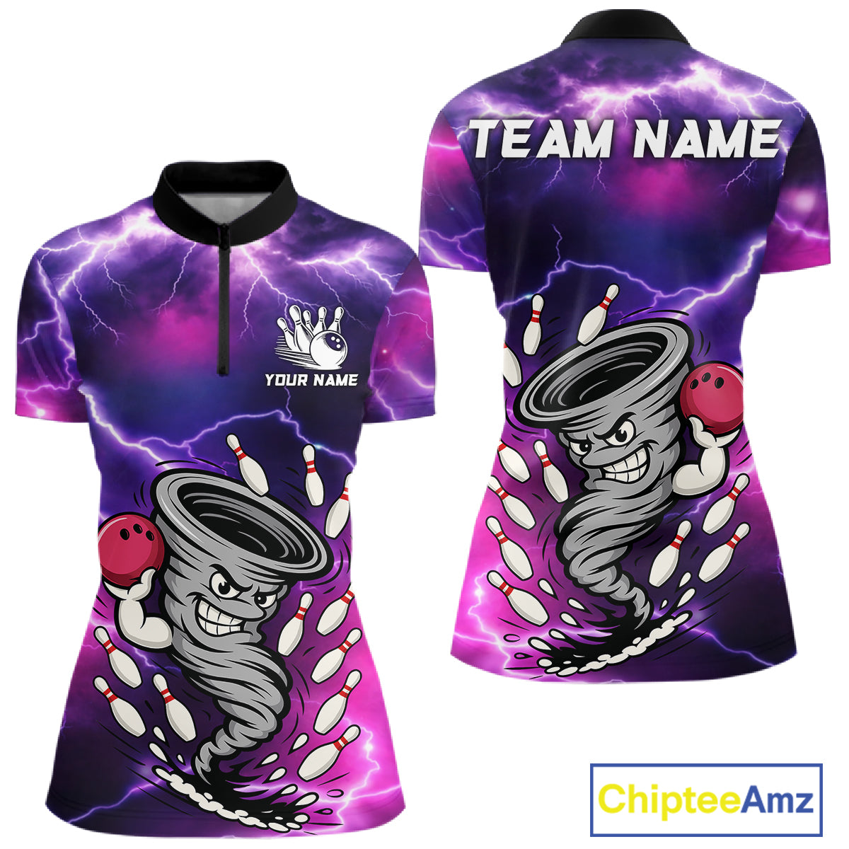 Custom Purple Bowling Jersey Lightning Thunder Funny tornado Womens Bowling Shirts, bowling uniforms NQS11594