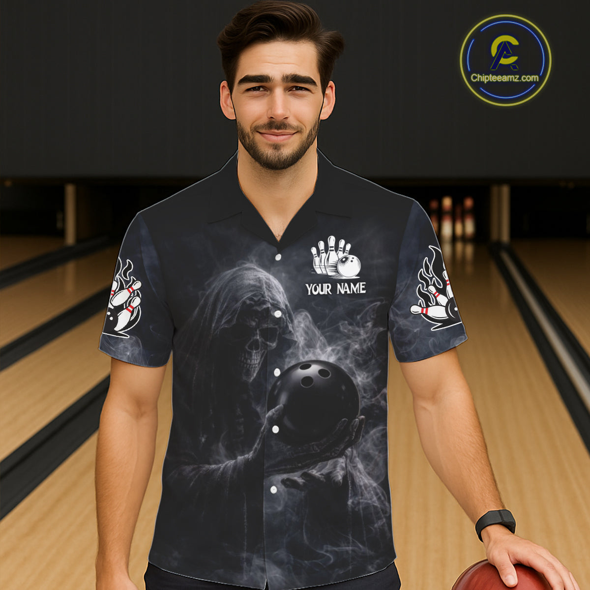 Custom Smoke Skull reaper Bowling Hawaiian Shirts, Team bowling outfit Jerseys NQS11596