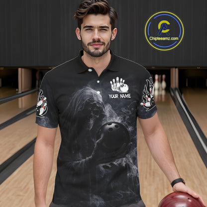 Custom Smoke Skull reaper Bowling Polo, 1/4 Zip Shirts for Men, Team bowling outfit Jerseys NQS11596