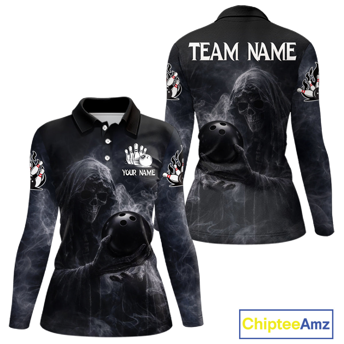 Custom Smoke Skull reaper Bowling Polo, 1/4 Zip Shirts for Women, Team bowling outfit Jerseys NQS11596