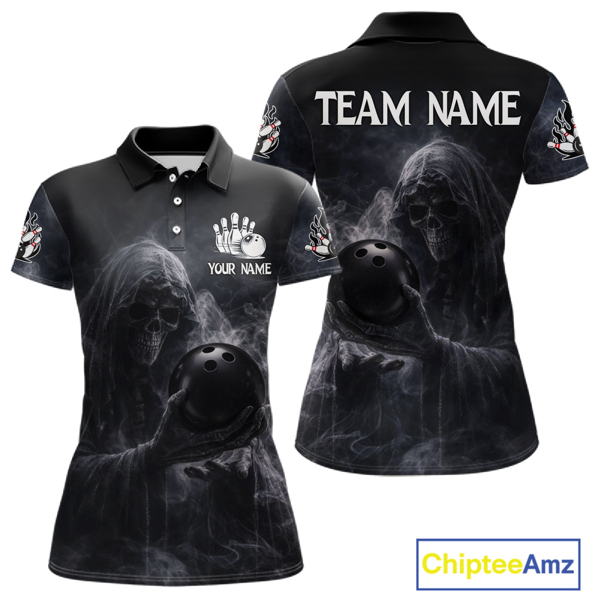 Custom Smoke Skull reaper Bowling Polo, 1/4 Zip Shirts for Women, Team bowling outfit Jerseys NQS11596