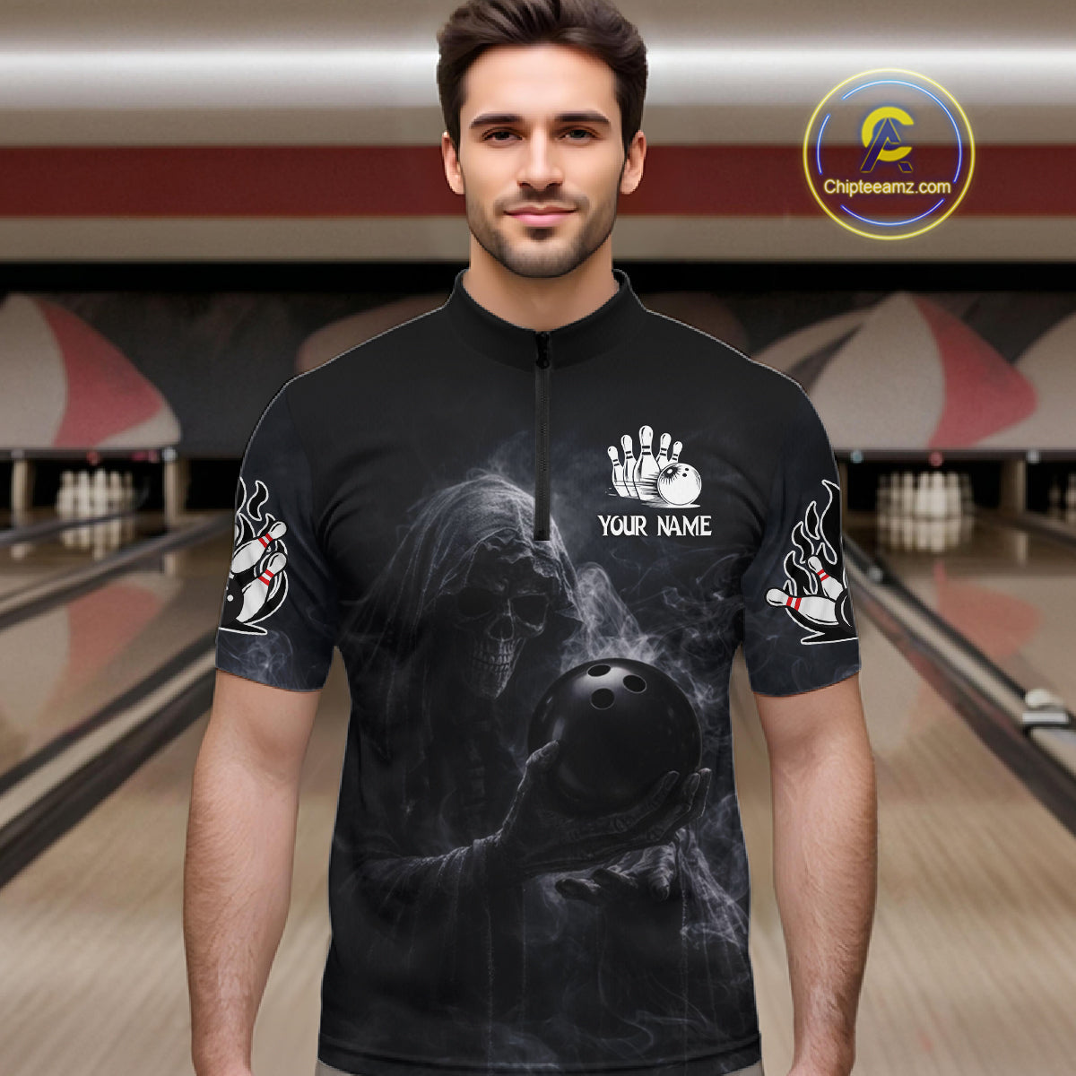 Custom Smoke Skull reaper Bowling Polo, 1/4 Zip Shirts for Men, Team bowling outfit Jerseys NQS11596