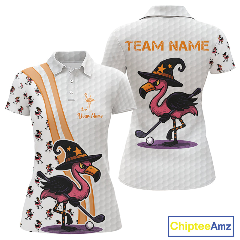 Funny Women golf polo shirt custom Halloween flamingo pattern white golf shirts NQS10377