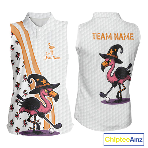 Funny Women Sleeveless Polo Shirt custom Halloween flamingo pattern white golf shirts NQS10377