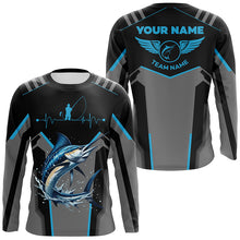 Load image into Gallery viewer, Personalized Black Marlin Fishing jerseys, Team Marlin Fishing Long Sleeve tournament shirts| Blue NQS6306