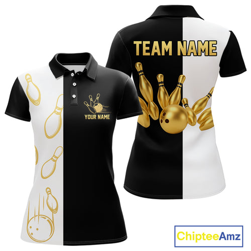 Black and white retro vintage Bowling polo, 1/4 Zip shirt for Women custom Bowling team jersey | Gold NQS10808