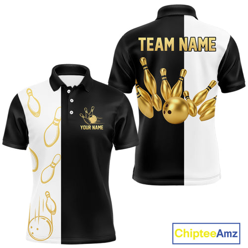 Black and white retro vintage Bowling polo, 1/4 Zip shirts for Men custom Bowling team jerseys | Gold NQS10808