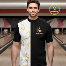 Load image into Gallery viewer, Black and white retro vintage Bowling polo, 1/4 Zip shirts for Men custom Bowling team jerseys | Gold NQS10808