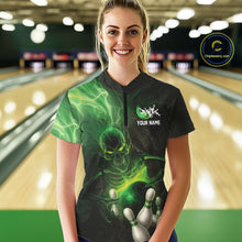 Load image into Gallery viewer, Black and green lightning skull Bowling polo, 1/4 Zip shirts for Women custom Bowling team Jersey NQS10809