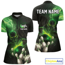 Load image into Gallery viewer, Black and green lightning skull Bowling polo, 1/4 Zip shirts for Women custom Bowling team Jersey NQS10809