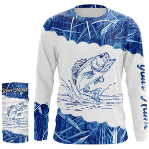 Blue camo Largemouth bass Customize name UV protection Performance Long Sleeve fishing shirts NQS1101