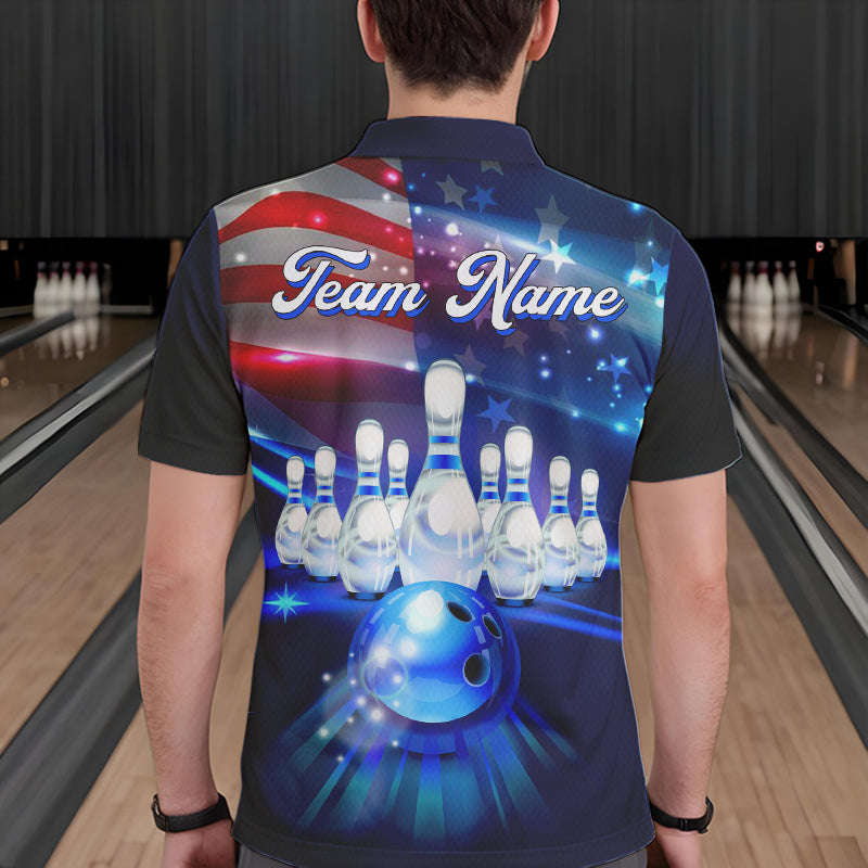 Blue Light American Flag Mens Bowling Polo, Quarter Zip Shirt Custom Patriotic Team bowling jersey NQS9315