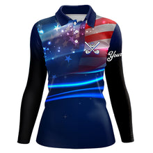 Load image into Gallery viewer, Blue Lights American Flag Womens golf polo shirts custom patriotic golf shirts for women NQS9316