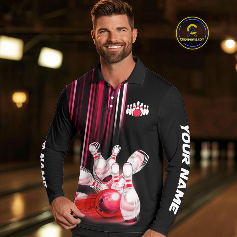 Black and red light Men bowling Polo, Quarter Zip Shirt Custom bowling ball and pins Team jerseys NQS9828
