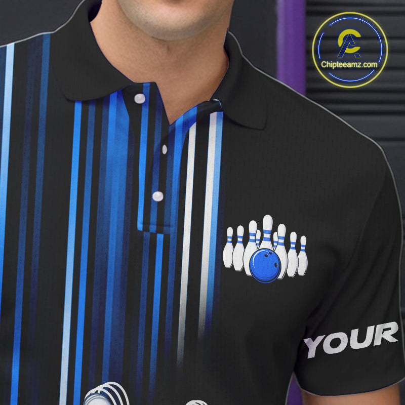 Black and blue light Men bowling Polo, Quarter Zip Shirt Custom bowling ball and pins Team jerseys NQS9829