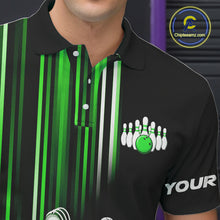 Load image into Gallery viewer, Black and Green light Men bowling Polo, Quarter Zip Shirt Custom bowling ball and pins Team jerseys NQS9830